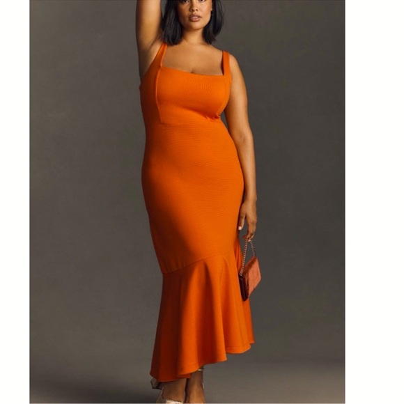 By Anthropologie Dresses & Skirts - Anthropologie Ariana square neck asymmetrical ruffle hem dress orange small NWT